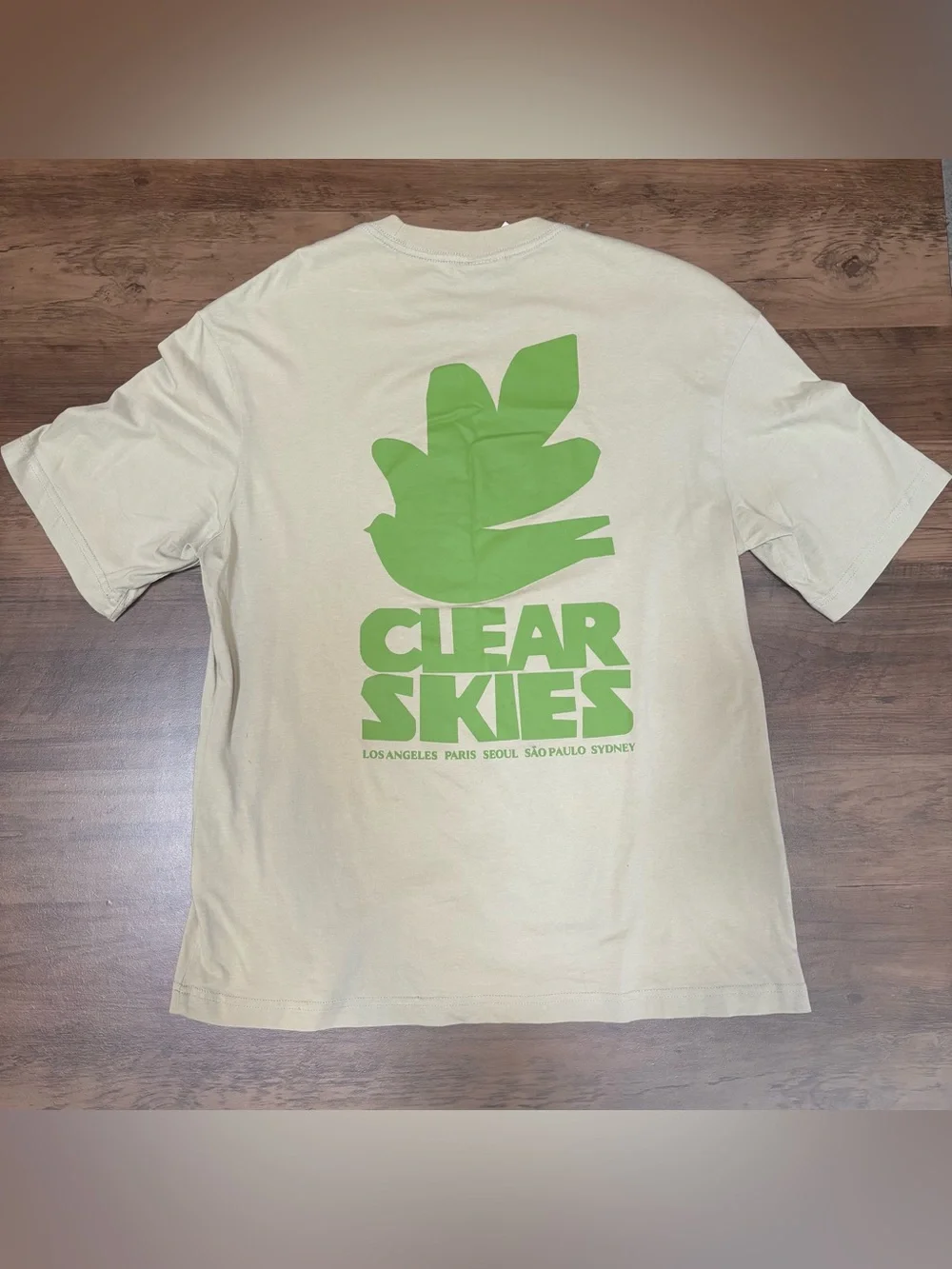 H&M Size S Sage Green Tee with Green 'Clear Skies' Graphic on Back